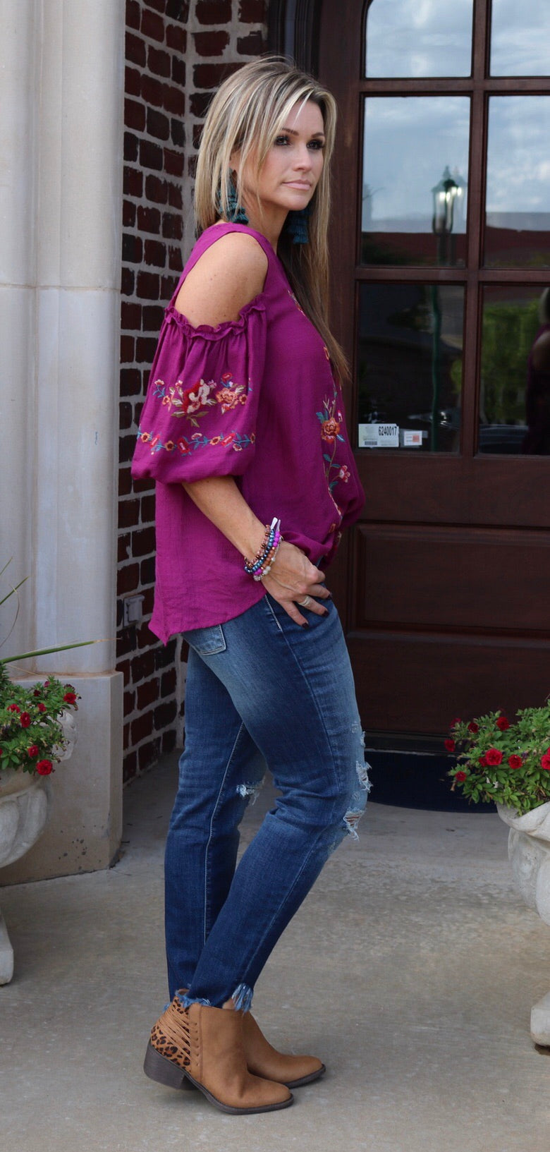 SKY’S THE LIMIT Embroidered Floral ColdShoulder Woven Top