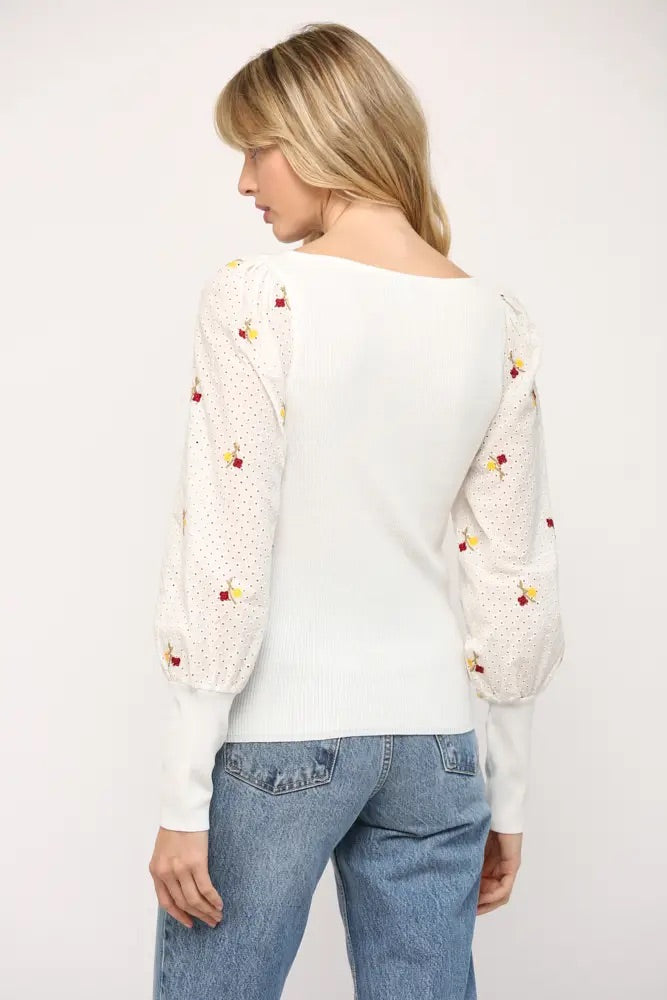 POPPY Embroidered Floral~Sleeve Square~Neck Top