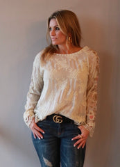 JOHNNY WAS COLLECTION Tonal Embroidered PAULINA Floral Sleeve LaceTrim Top