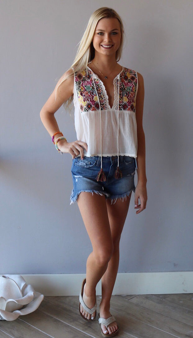 FREE PEOPLE Print LOHRI Embroidered Tie Tank Top
