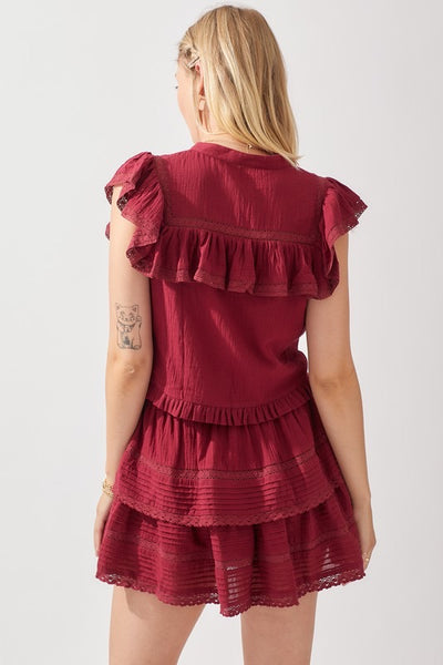 SUNSET Ruffle and Lace Button Down Top – Silver Accents