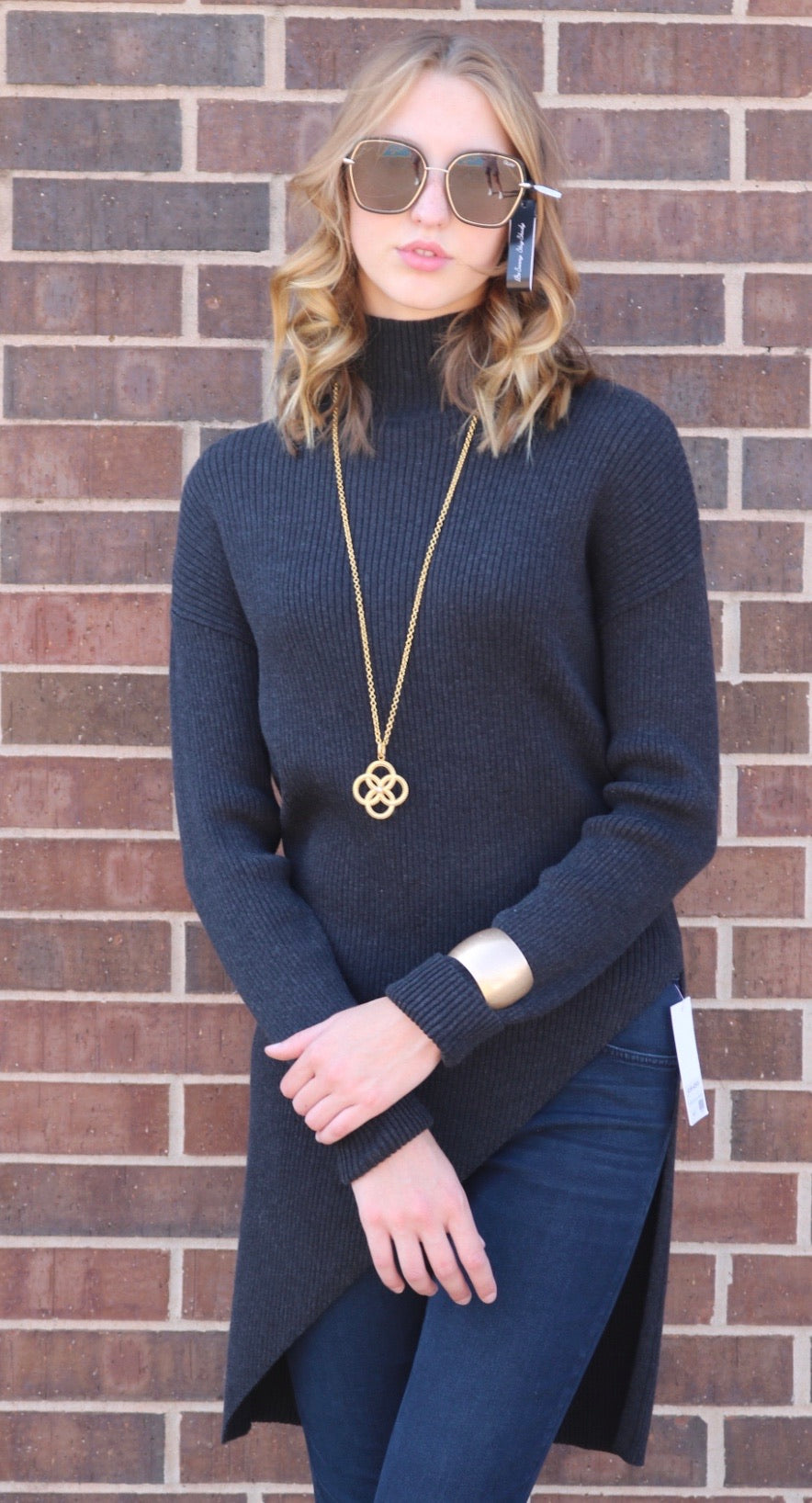 BOBI BLACK Fine RibKnit PRESTIGE Asymmetric Sweater Tunic Top