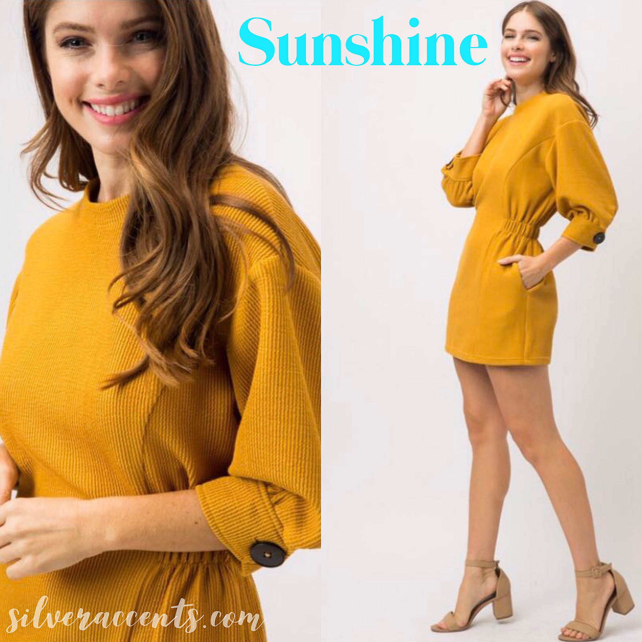 SUNSHINE TextureKnit SmockWaist ElbowSleeve Dress