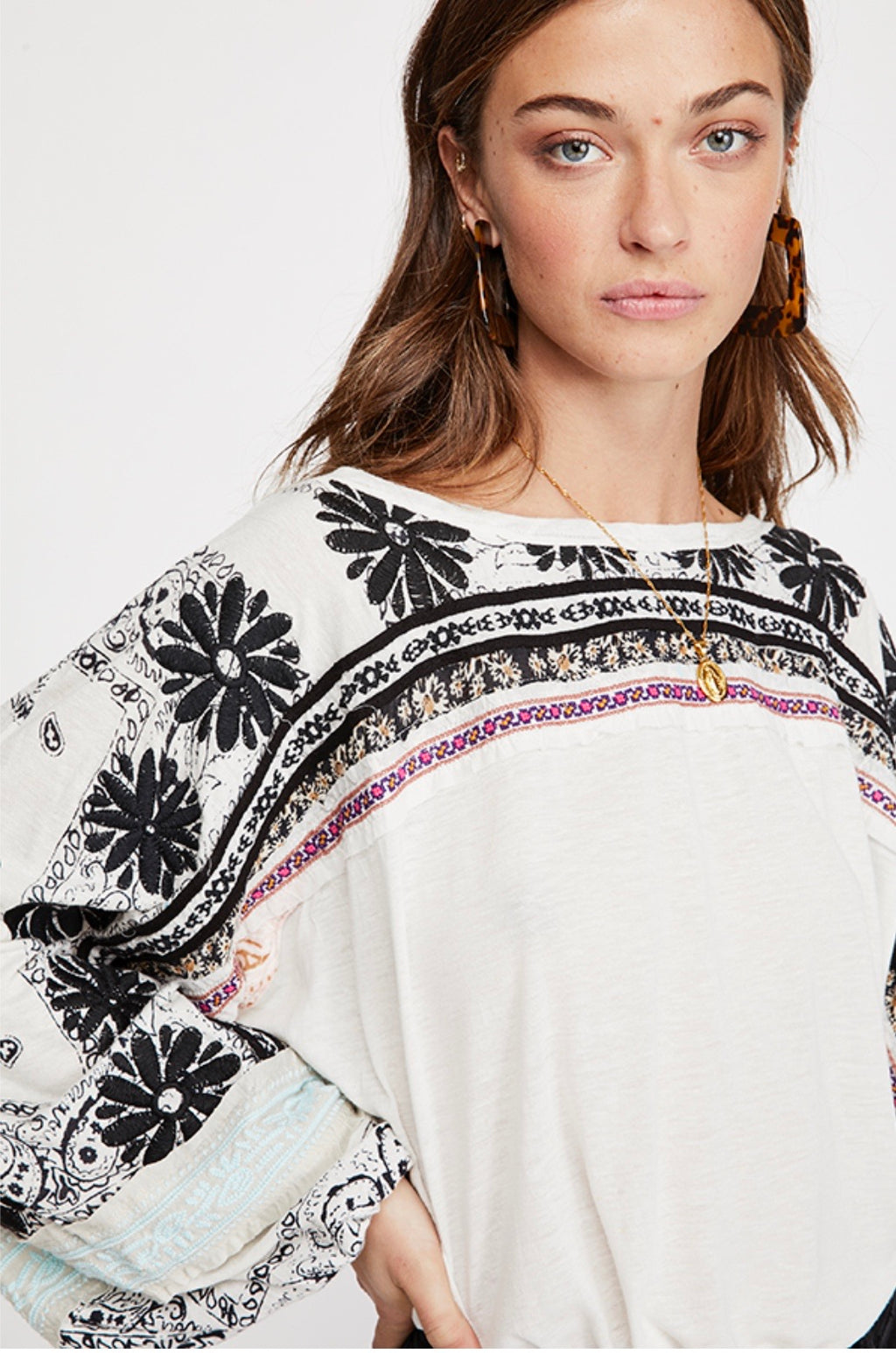 FREE PEOPLE Boho TRIPOLI Embroidered/Print Tunic Top