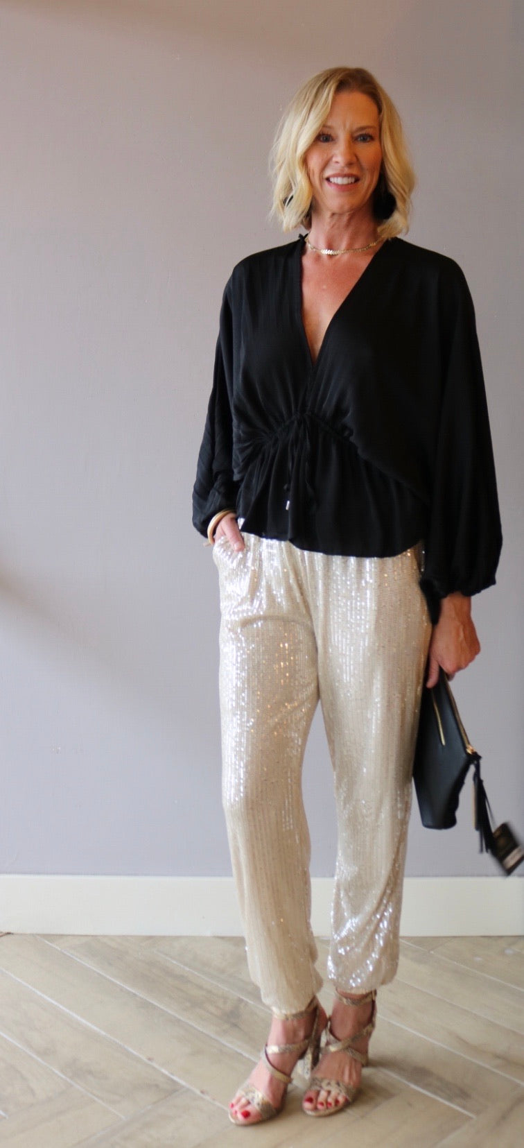 FREE PEOPLE Silk ELOUISE DrawstringWaist PleatSleeve V~Neck Kimono Top