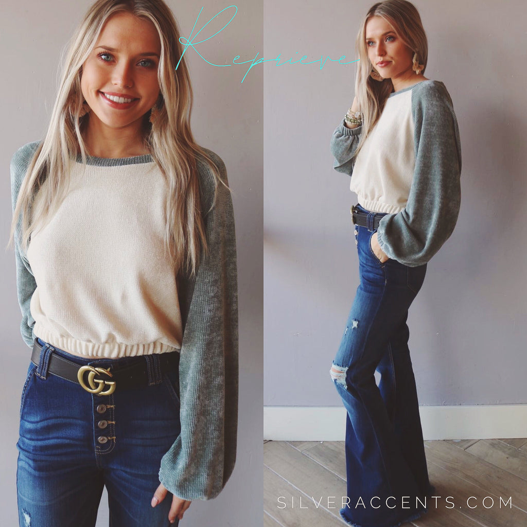 REPRIEVE Raglan Sleeve Chenille WaistCrop Knit Top