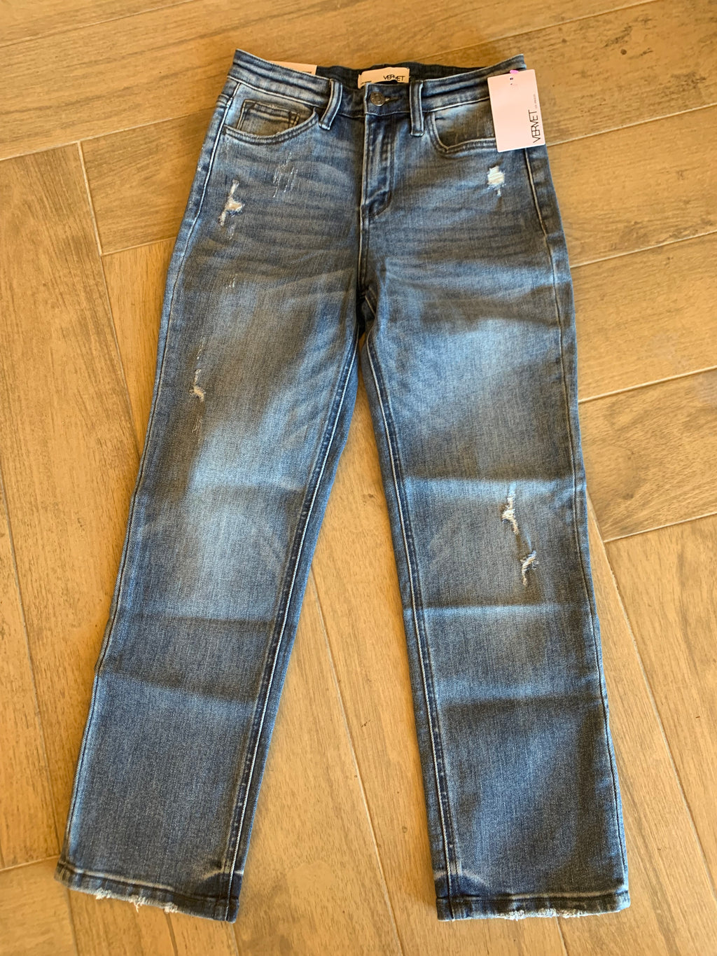 VERVET Hi~Rise JEANNE Stretch Slim Straight Leg Jeans Finished Hem