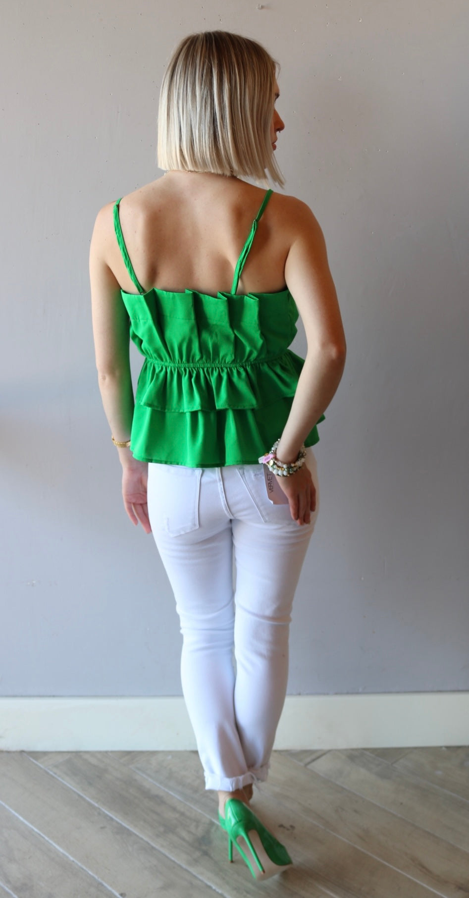 BLOOM Pleated Ruffle Bust SpaghettiStrap Poplin Top