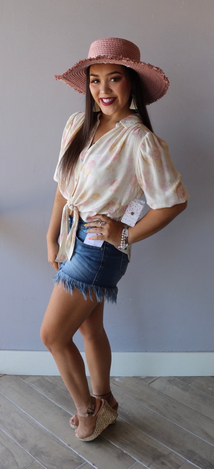 FREE PEOPLE Ivory CELIA Floral Print ButtonDown TieFront Top