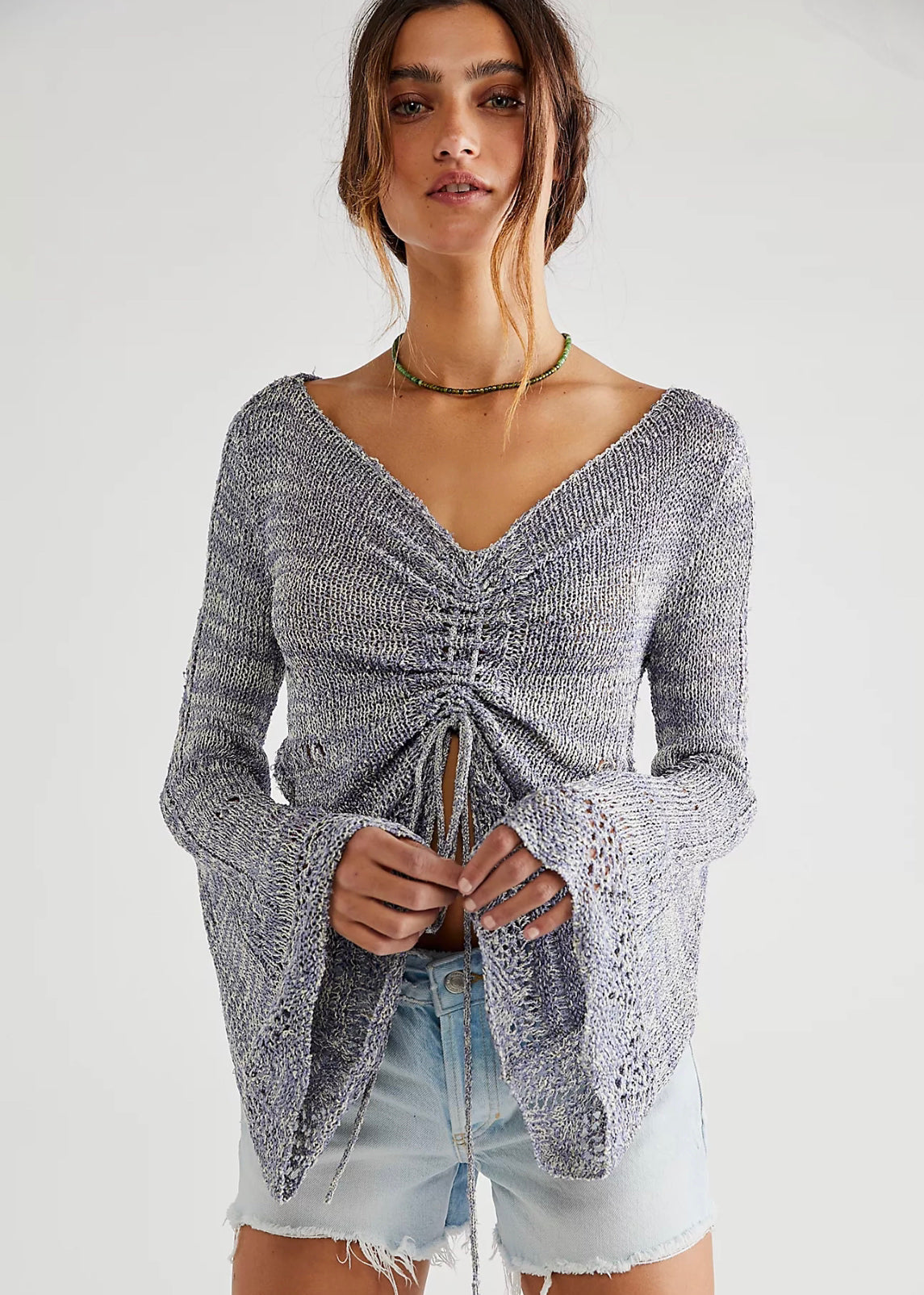 FREE PEOPLE Tie/Rouche Front ZINNIA BellSleeve Top