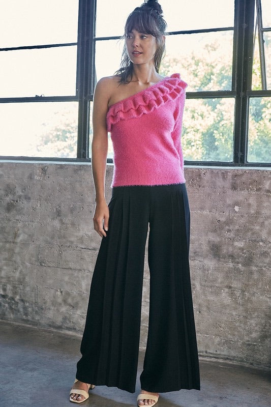 PURSUIT Ruffle OneShoulder Fuzzy Sweater Top