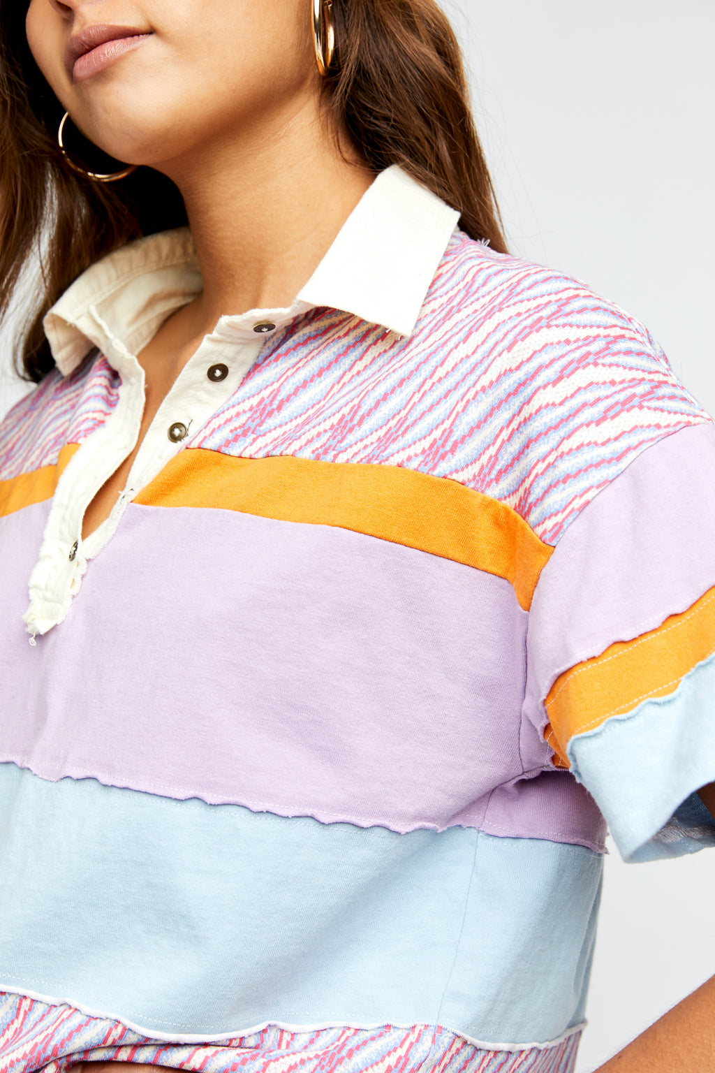 FREE PEOPLE MixPrint BELLA Collar Henley Tee Top