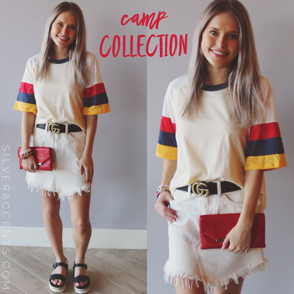 CAMP COLLECTION Multi CHARLIE StripeSleeve Crop Ringer Tee Top
