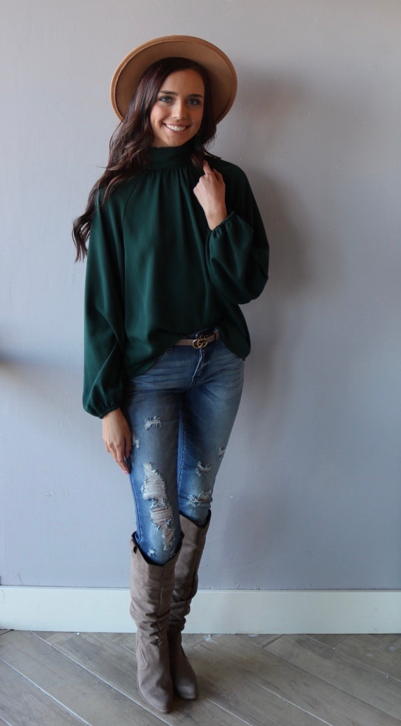 ENCHANTED HiNeck Tie KeyHole Back LongSleeve Top