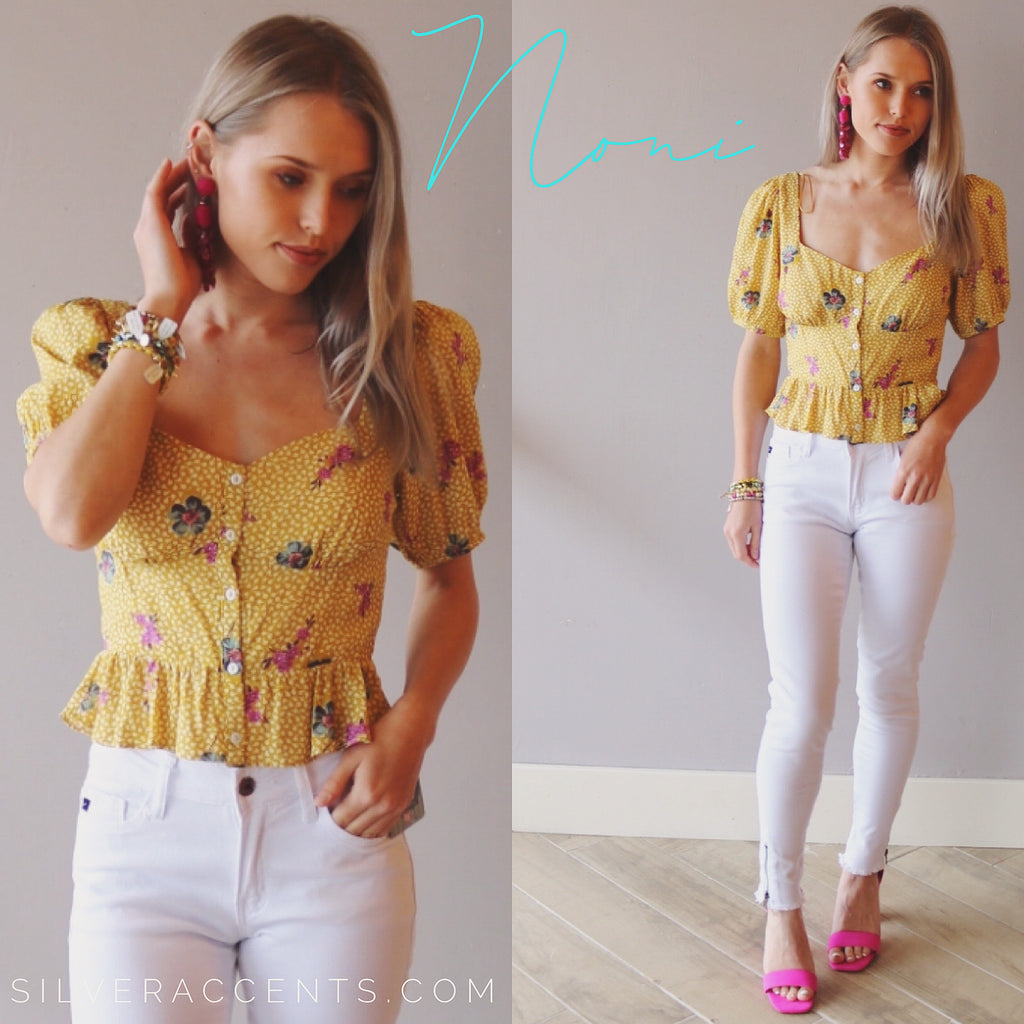 Lush NONI Floral/PolkaDot Sweetheart Neck ButtonDown Ruffle Peplum Top