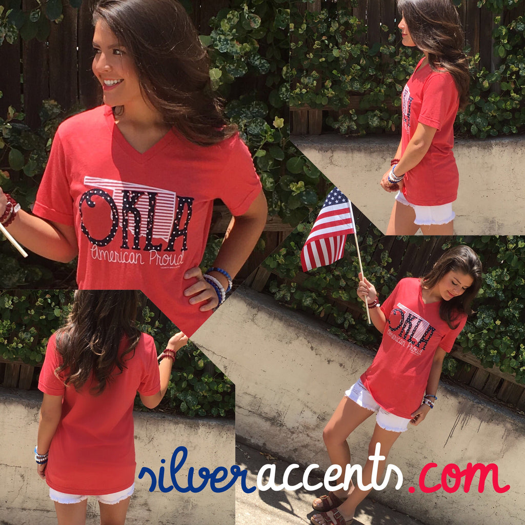 OKLA AMERICAN PROUD Red Triblend V-Neck Tee Top