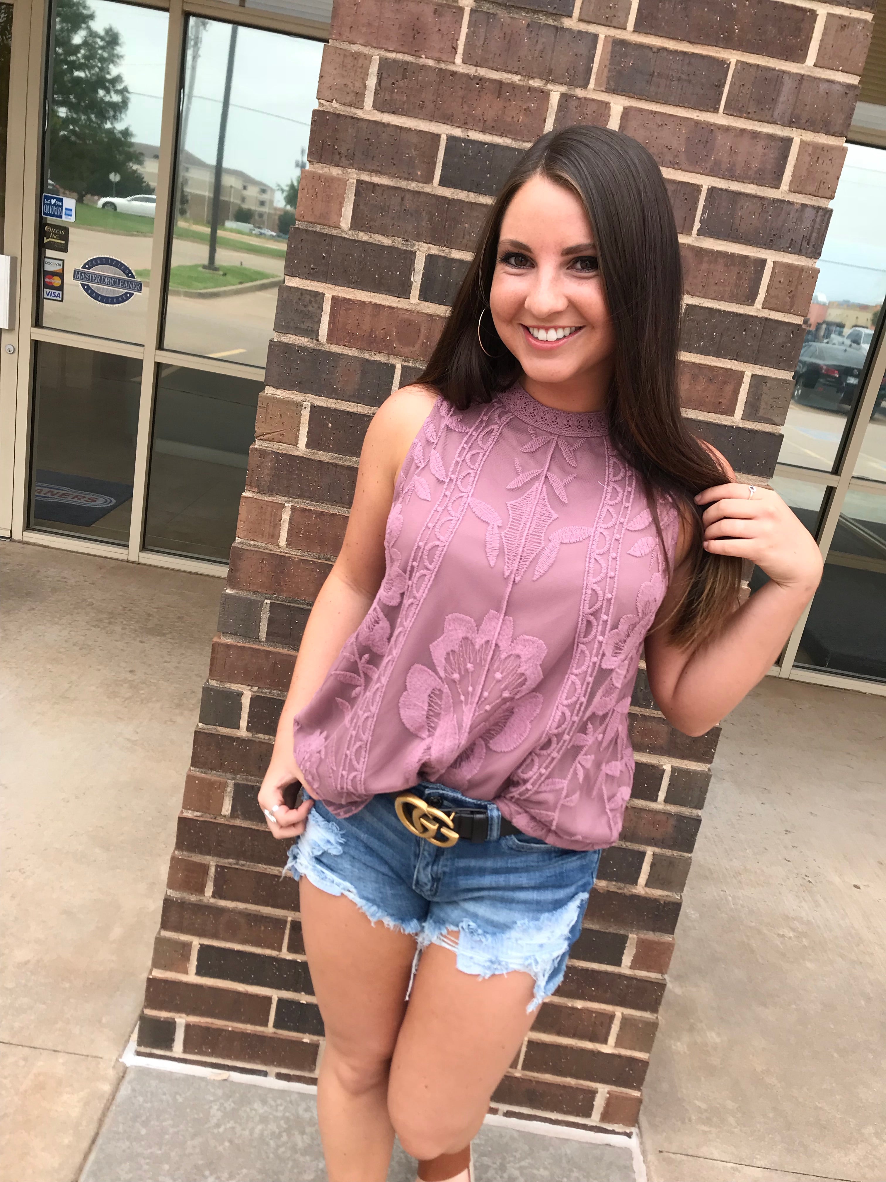 HERITAGE Sheer Floral Embroidered Lined Tank Top