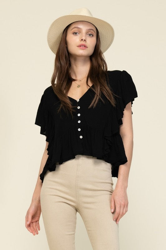 VNeck ROAST Ruffle Hem Tieback Top