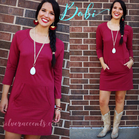 BOBI Bordeaux SAVAGE Supreme Jersey Kanga Pocket Supreme Jersey Quarter Sleeve Tunic Dress