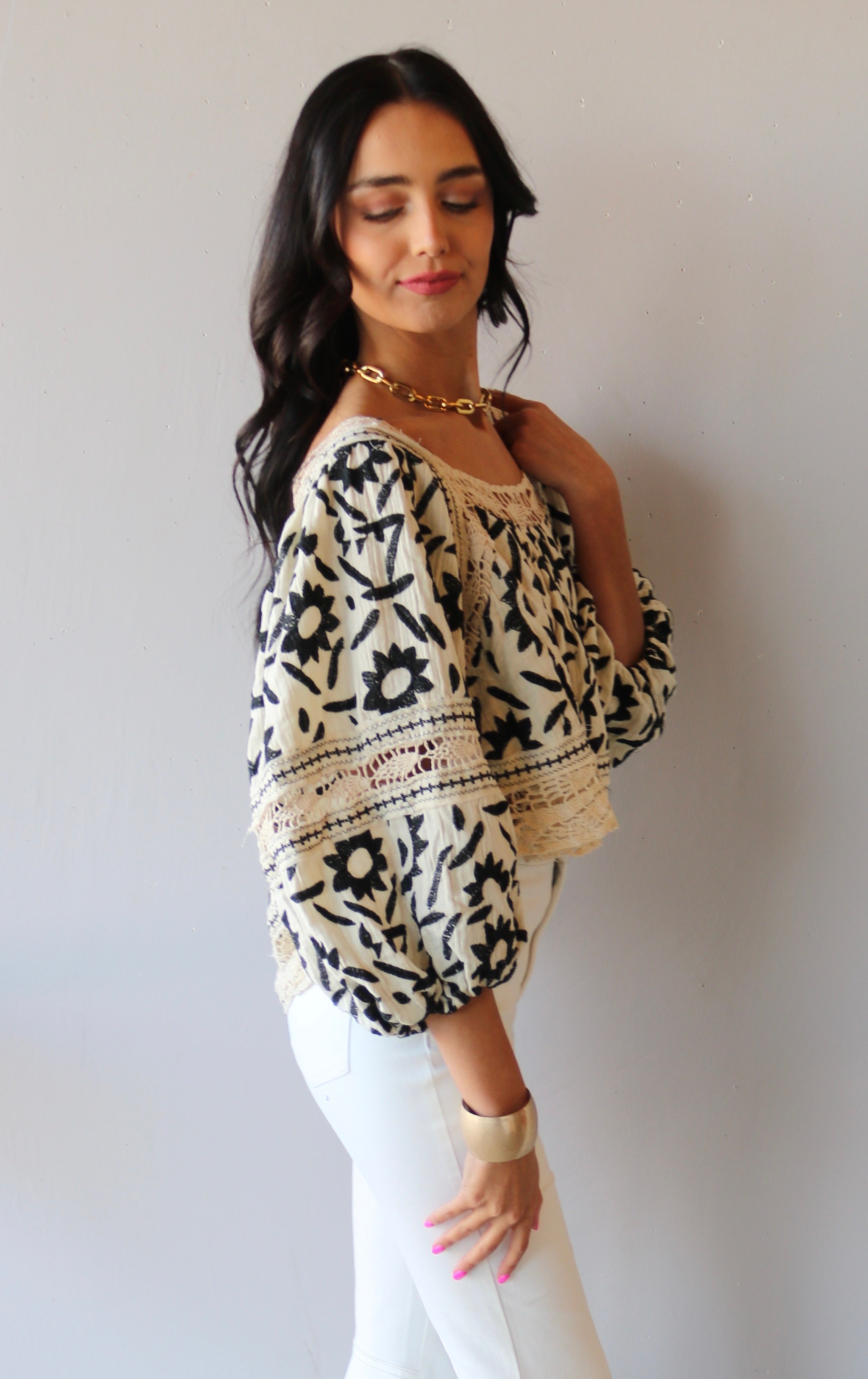 FREE PEOPLE Embroidered SOLEIL SquareNeck BalloonSleeve Top