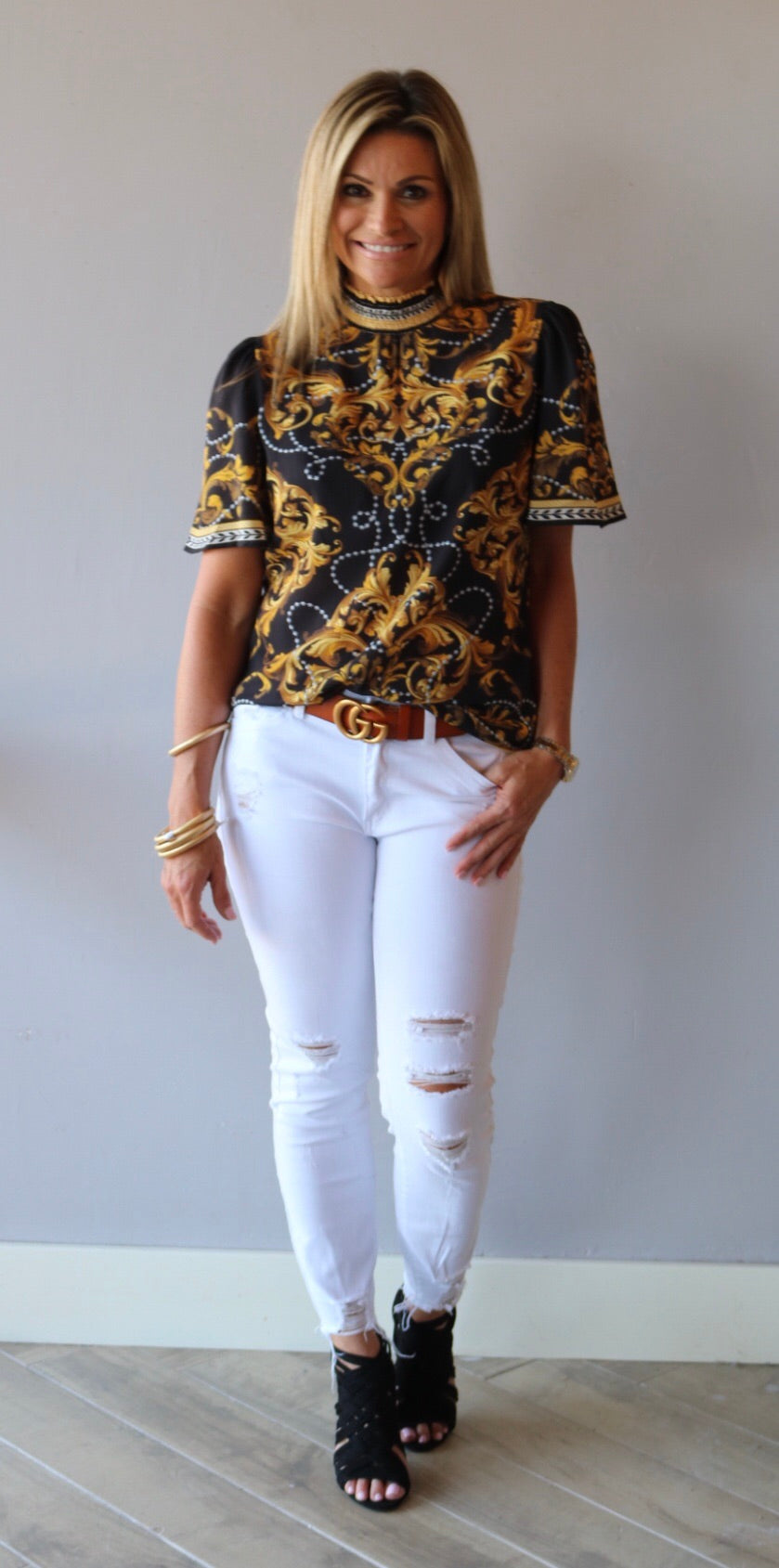 HIERARCHY Baroque Border Floral SmockNeck ShortSleeve Top