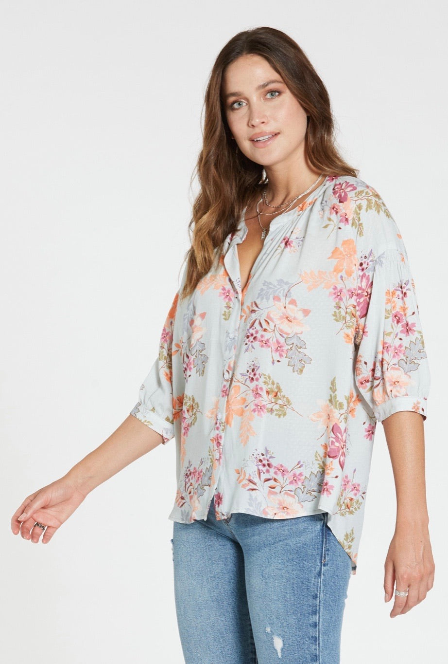 DEAR JOHN Floral AUDREY Balloon~Sleeve ButtonDown Top