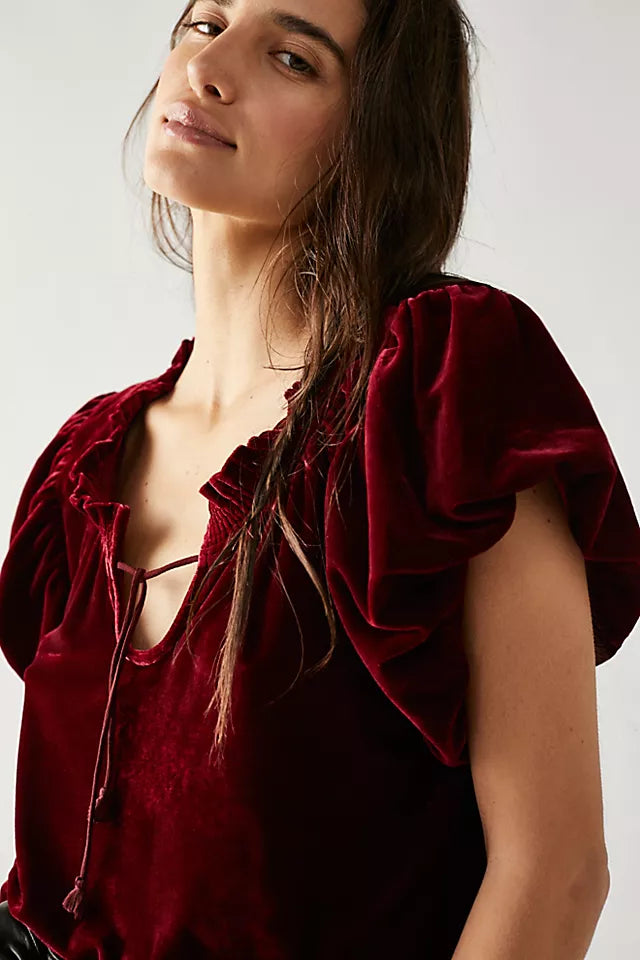 FREE PEOPLE Velvet TERESE Puff Sleeve Tie Neck Top