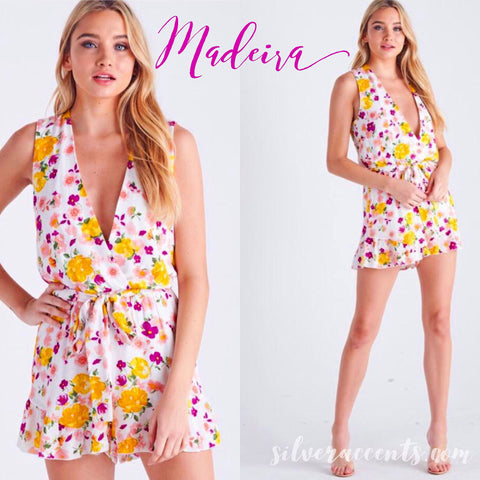 Blue Blush MADEIRA Floral V-Neck TieWaist Chiffon Short Romper