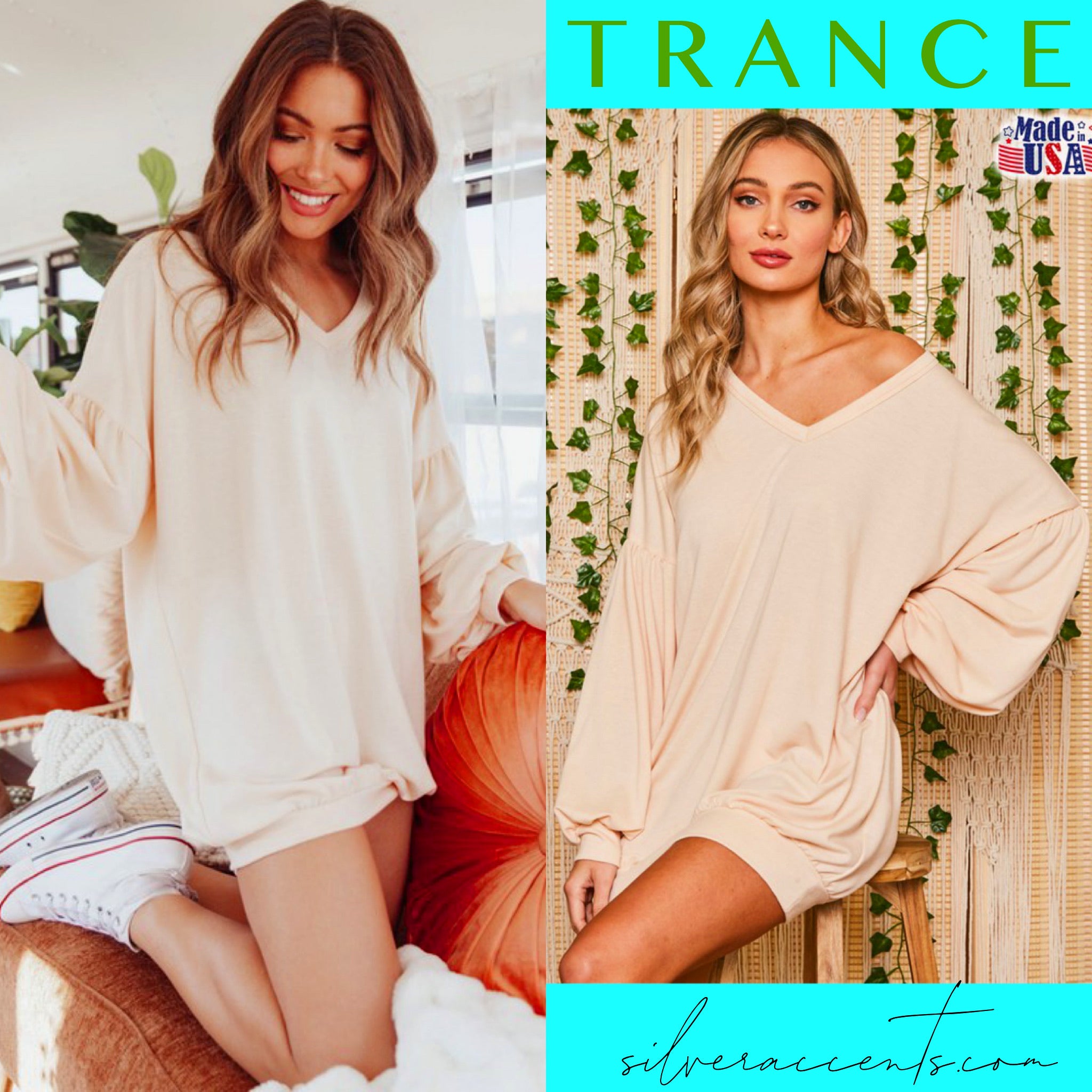 FANTASTIC FAWN!TRANCE BubbleSleeve V-Neck Sweatshirt Tunic Dress