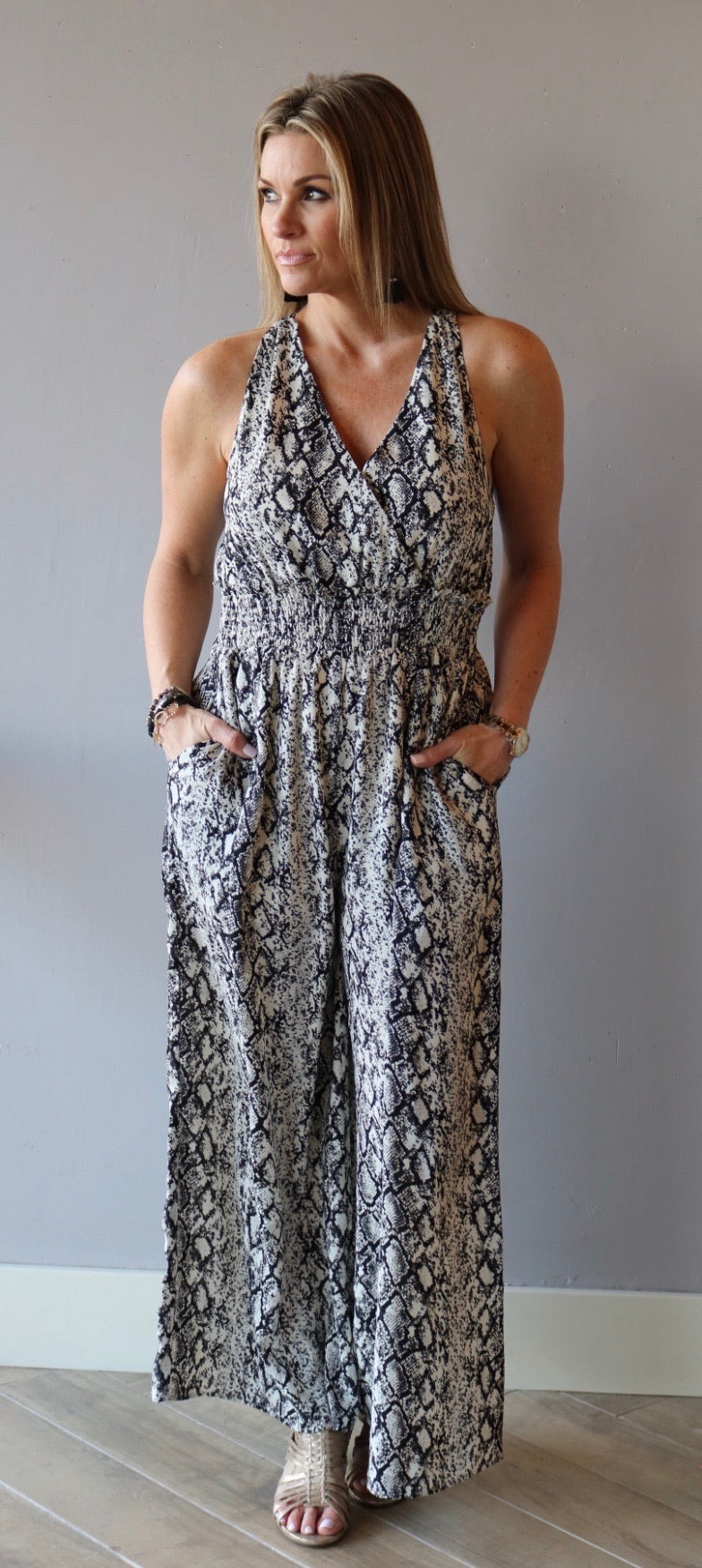 IMPRESSIONS Python  V-Neck Smock Bust WideLeg Jumpsuit