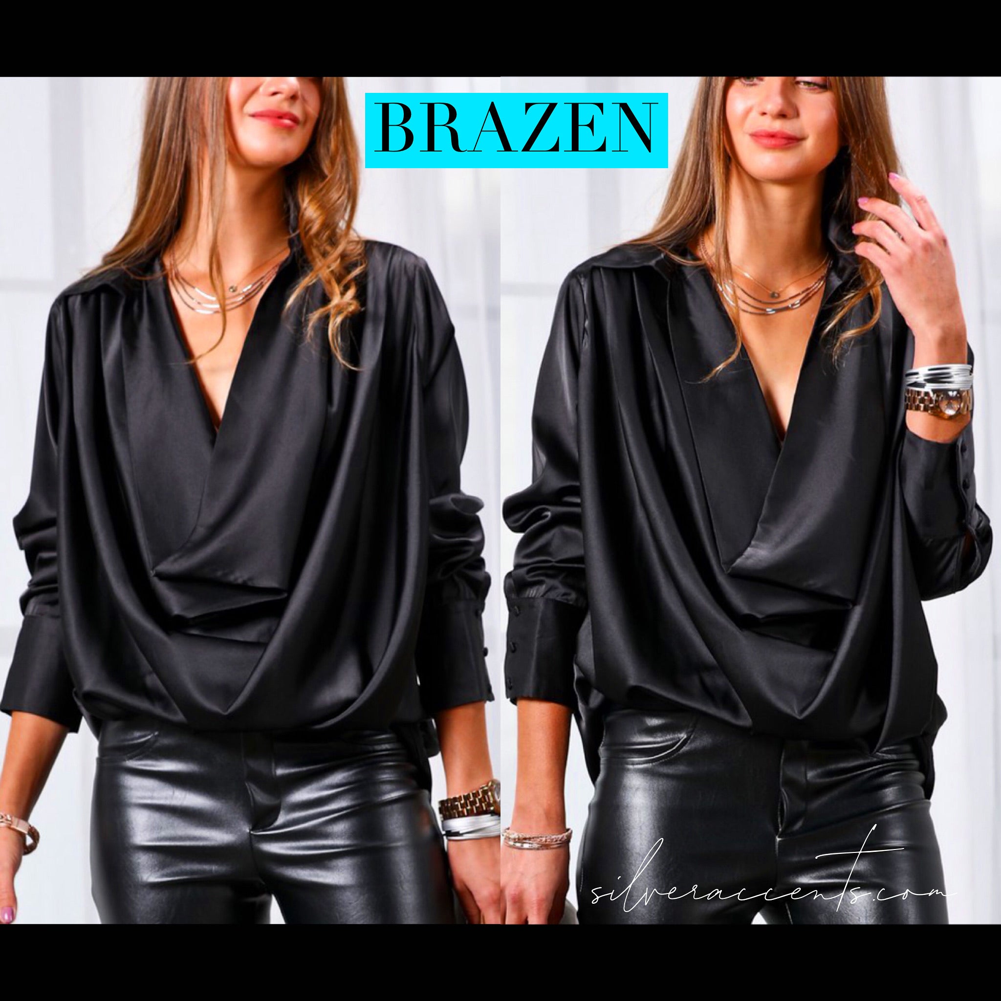 BRAZEN Collared Cowl~Neck Satin Top