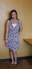 CALLIE Stripe/Floral V-Neck TieShoulder Dress