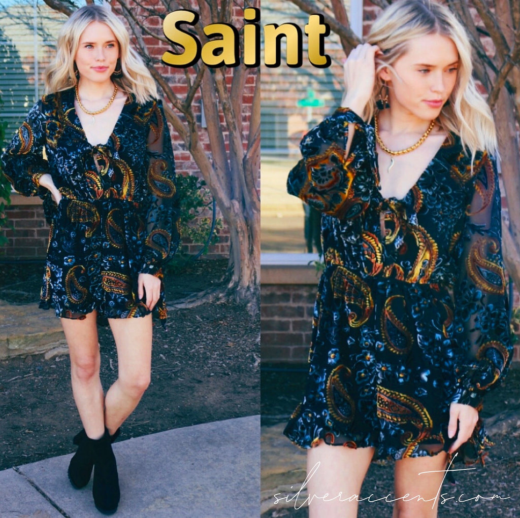 SAINT Velvet Burnout Floral Tie Front/Sleeve Short Romper
