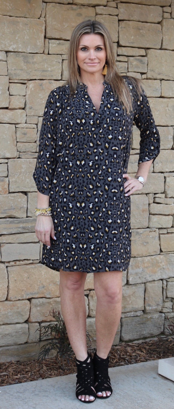 IMAGE Leopard RollSleeve Split VNeck Dress