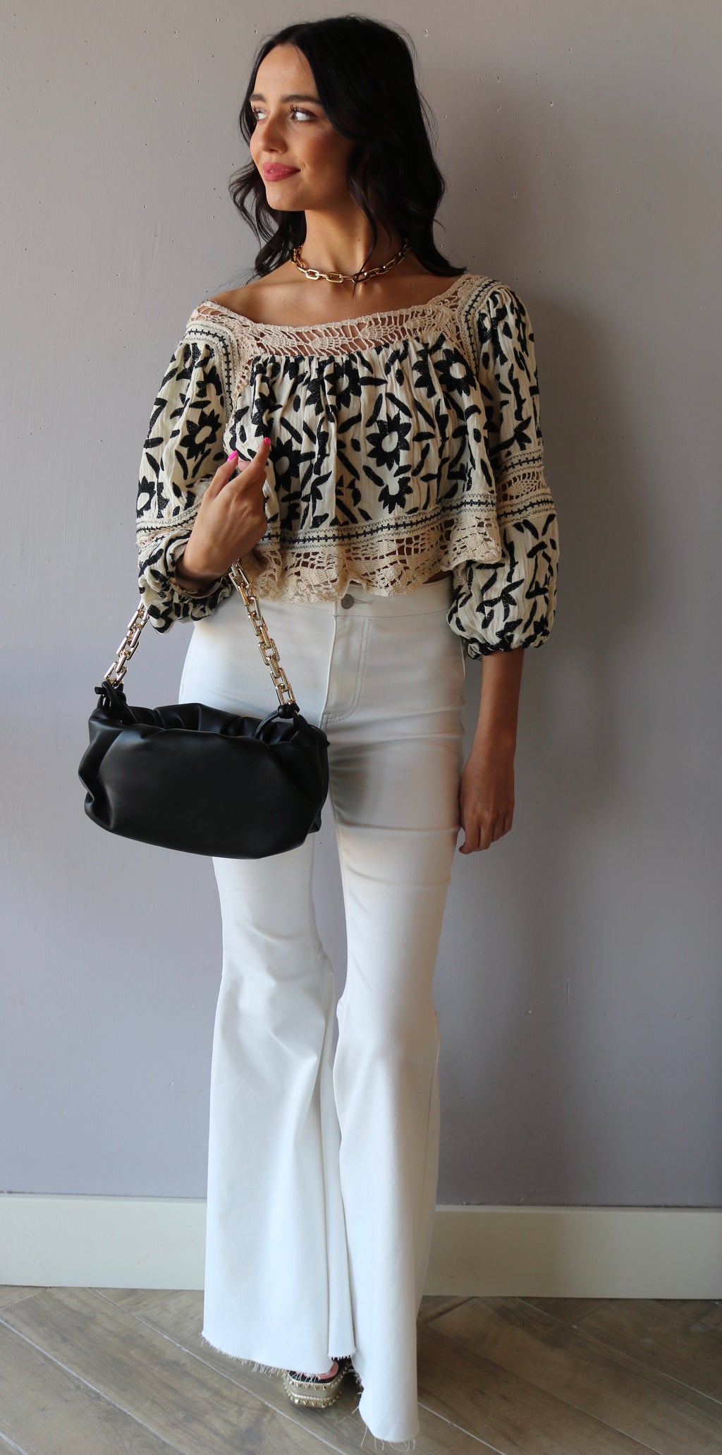 FREE PEOPLE Embroidered SOLEIL SquareNeck BalloonSleeve Top