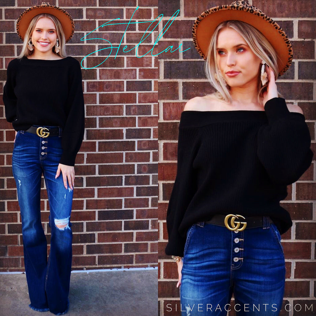 STELLAR OffShoulder BlousonSleeve RibKnit Top