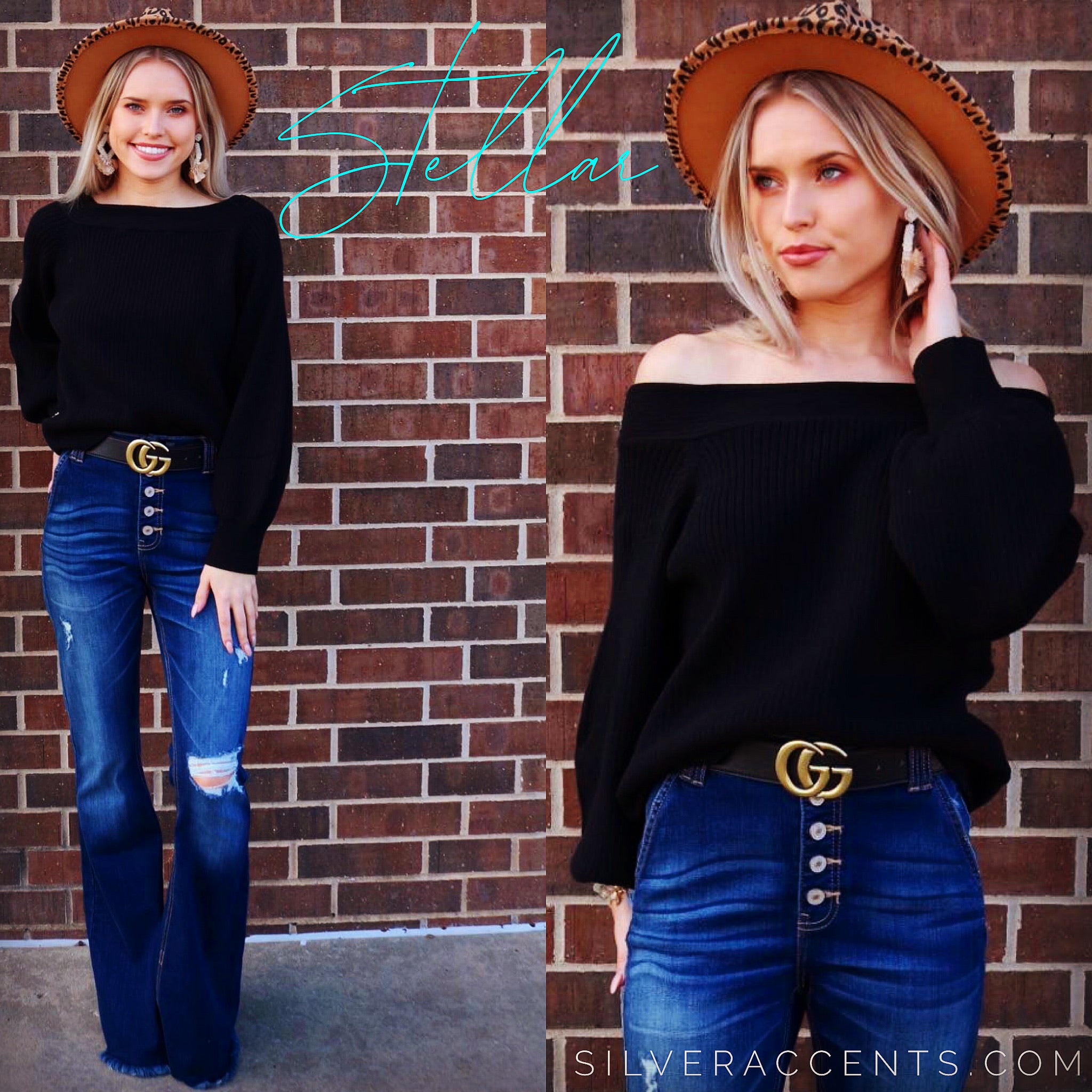 STELLAR OffShoulder BlousonSleeve RibKnit Top