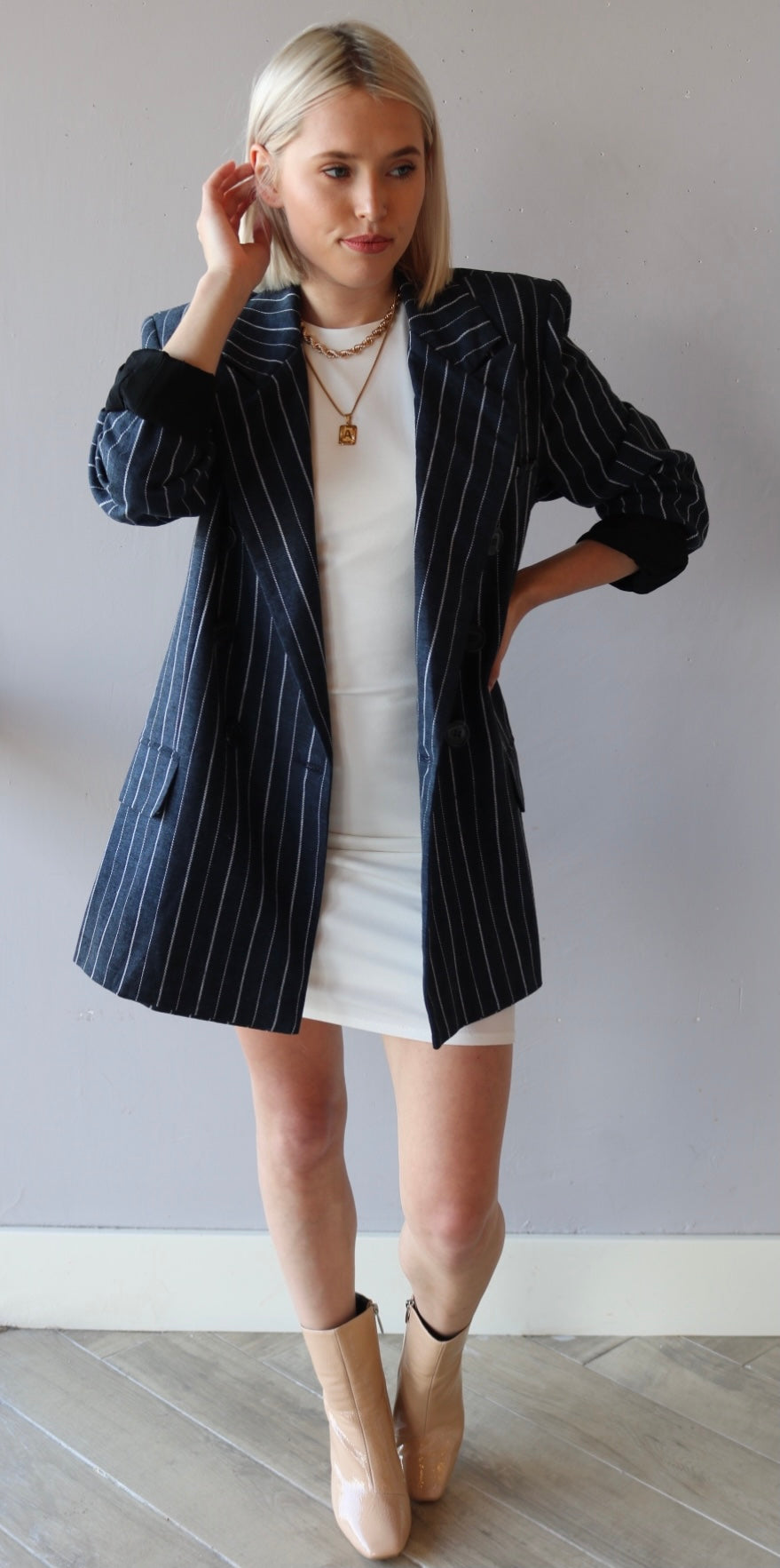FREE PEOPLE Navy Combo ASHBY Pinstripe Blazer Jacket