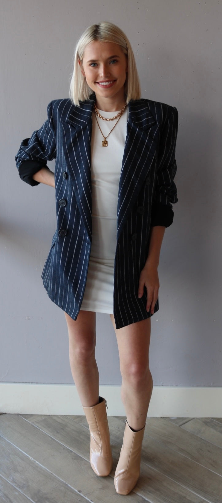 FREE PEOPLE Navy Combo ASHBY Pinstripe Blazer Jacket