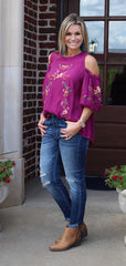 SKY’S THE LIMIT Embroidered Floral ColdShoulder Woven Top