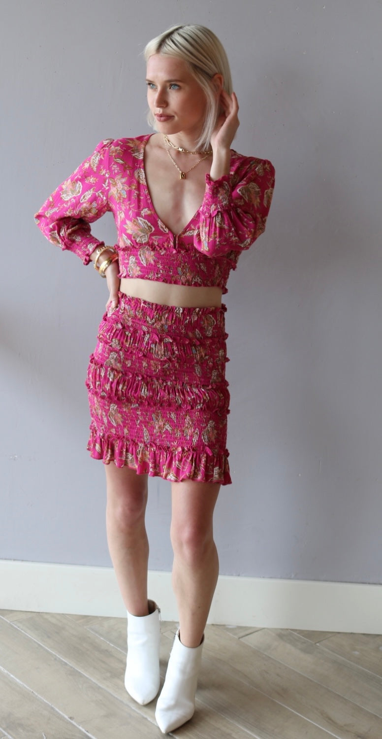 PARADISE 2pc Floral Crop Top/Ruffle Smock Skirt Set