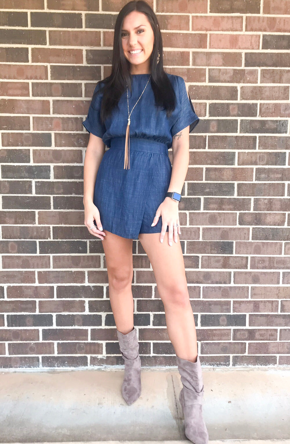 TCEC Denim FORESIGHT Slit Sleeve Faux Wrap Short Romper