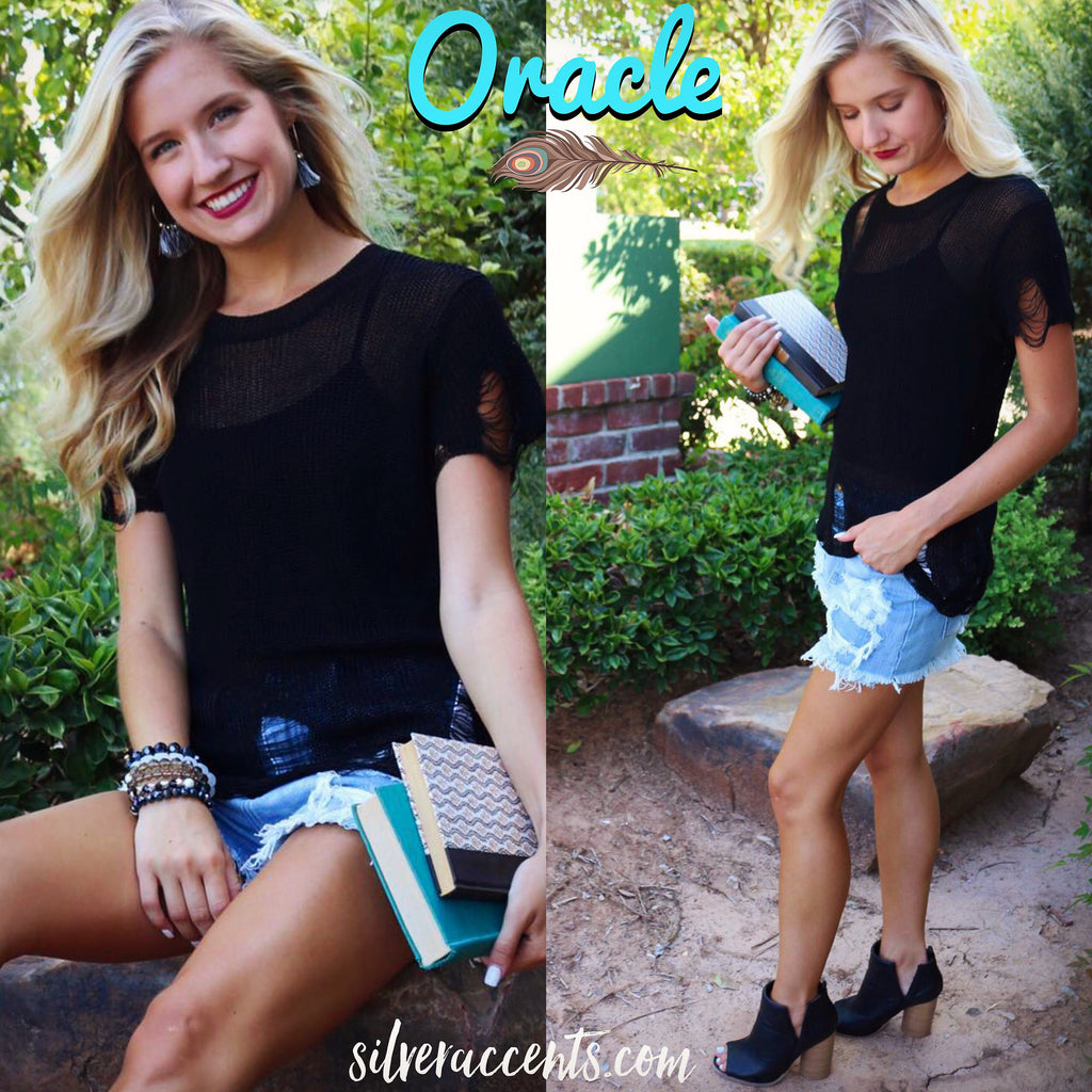 ORACLE Distressed SheerKnit Short Sleeve Sweater Top