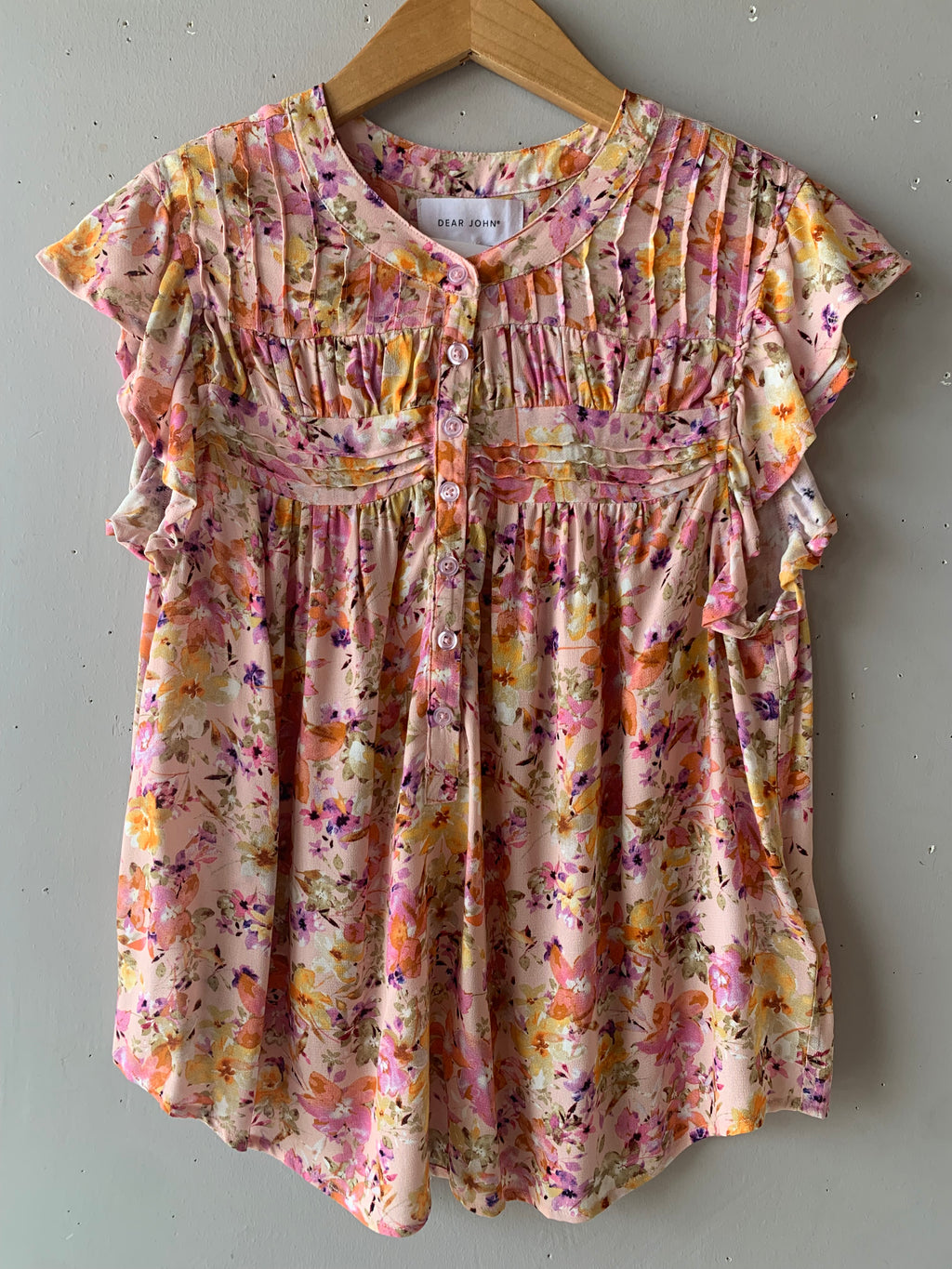 DEAR JOHN Ruffle~Sleeve ROSE PinTuck Top