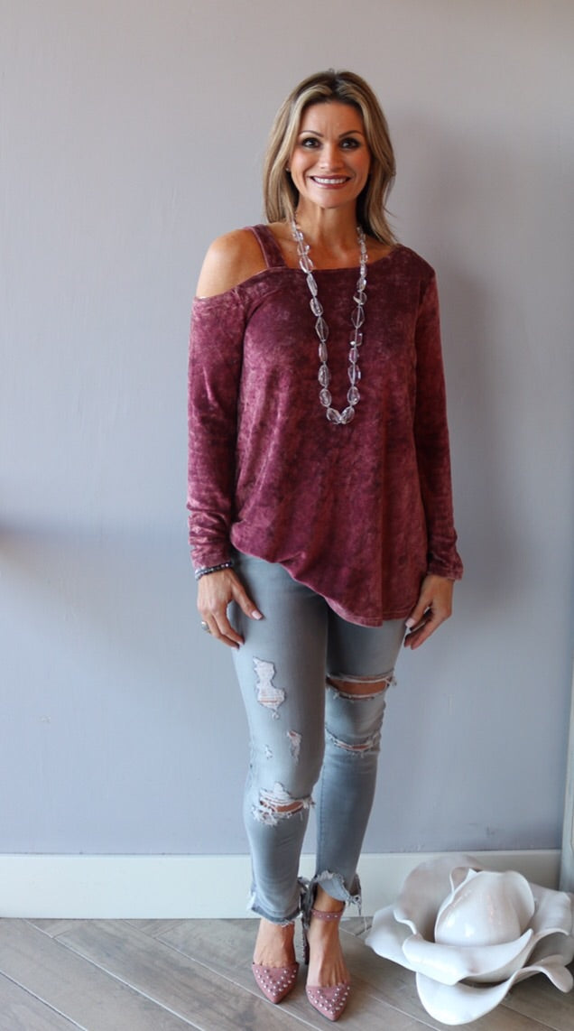 MERRIMENT Garment Dye Velvet OneShoulder Top