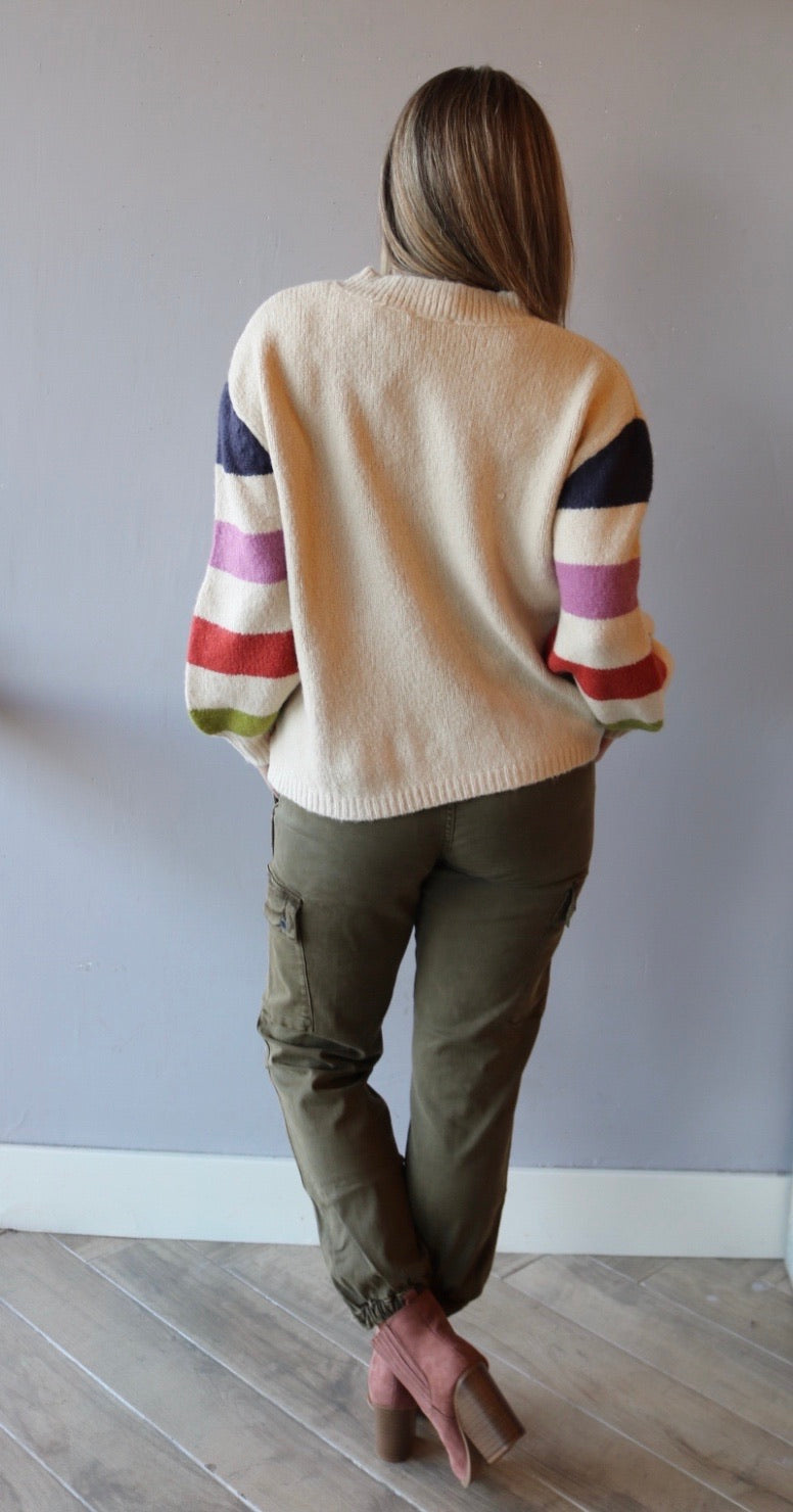 Lush ELECT Stripe Balloon Sleeve  Crew Neck Sweater