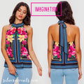 IMAGINATION Border Floral HiSmockNeck Halter TieBack Top