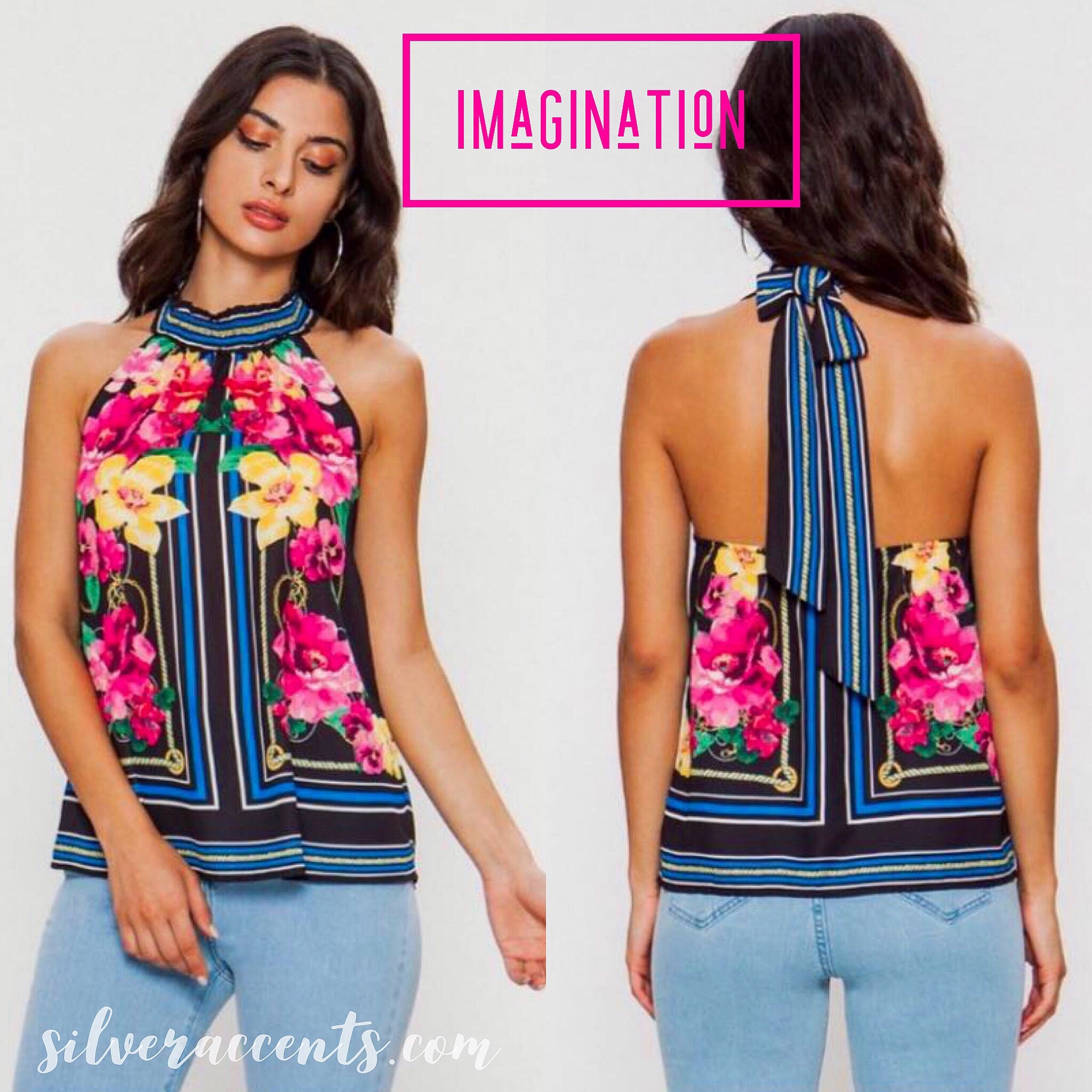 IMAGINATION Border Floral HiSmockNeck Halter TieBack Top