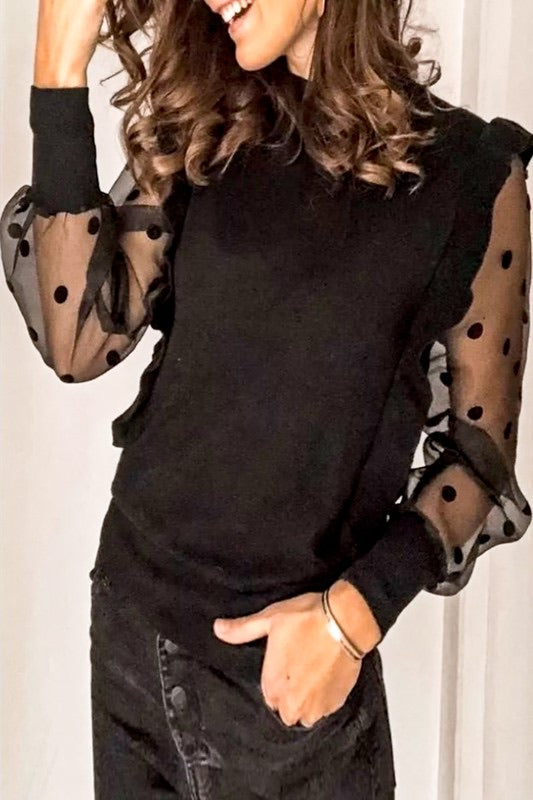 HONEY PolkaDot SheerSleeve Ruffled Sweater Top