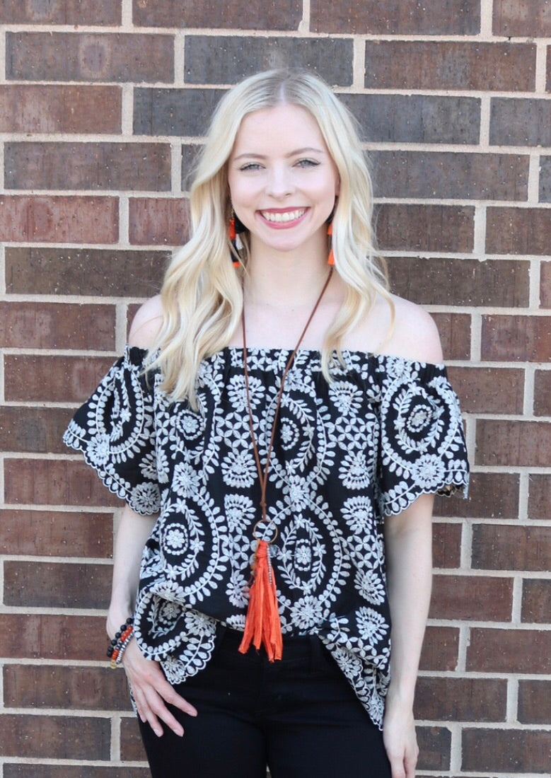 ARETHA Embroidered Ruffle Off Shoulder Top